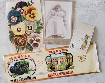 Antique Ephemera Lot, 4 Pieces, Original Pansy Print, Original Marvel Fruit Can or Crate Label, Cabinet Card Baby Photo, Girl with a Bow