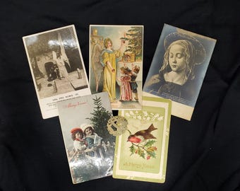 Antique Christmas Postcards Plus a Vintage Brass Christmas Ornament
