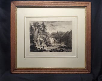 Antique Framed Etching or Engraving of a Fishing Scene on a River with Waterfalls, In an Antique Wood Frame