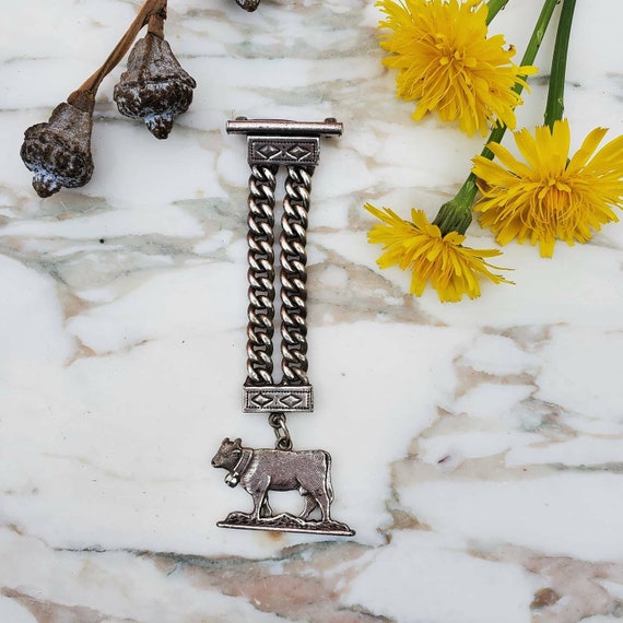 Antique Medal with a Cow, Victorian Pin, Silverpla