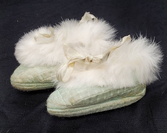 Vintage Baby Booties, Quilted Pale Blue Satin, Baby Shoes, Baby Gift for New Mom, Baby Shower Gift, Crib Shoes