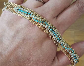 Vintage Metal Mesh Necklace with Blue and White Rhinestones, Gold Tone