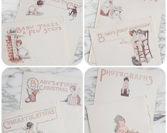 Original Pages from a 1921 Baby Book, Illustrated by Meta Morris Grimball, Four Sets of Two, Great for Framing / Scrapbooking, 6x8 Size