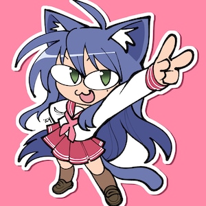 May include: A cartoon illustration of a blue-haired cat girl wearing a white shirt, a red and white sailor collar, and a red and white pleated skirt. She is giving a peace sign with her right hand and has a playful expression on her face.