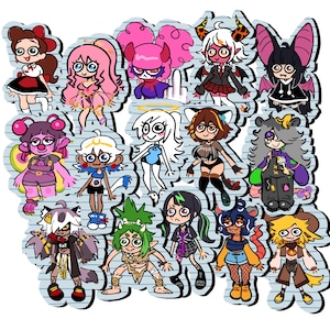 May include: A collection of fourteen individual die-cut stickers featuring diverse cartoon characters with varied hair colors, outfits, and expressions, all printed on a light blue background with horizontal lines resembling notebook paper.