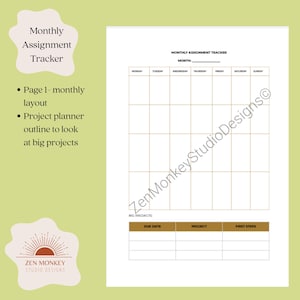 Monthly Assignment Planner Project Tracker School Planner ADHD Organization Easy Template Digital Download