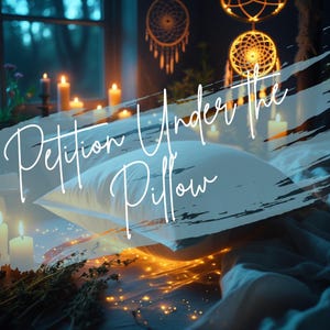 May include: A cozy bedroom scene with a white pillow on a bed, lit by candles and fairy lights. The text "Petition Under the Pillow" is overlaid on the image. Dream catchers hang in the background, creating a mystical atmosphere.