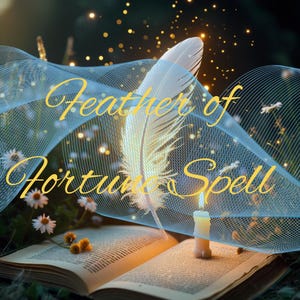 Puede incluir: Un libro abierto con una vela encendida y una pluma blanca. El texto "Feather of Fortune Spell" está escrito en oro en la imagen. El fondo presenta una cinta azul y luces brillantes.