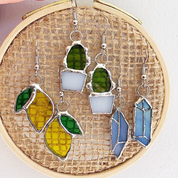 Cactus (Sold Out), Lemon (Sold Out) or Crystal Stained-Glass Earrings/Shimmers in the Sunlight/Unique and One-of-a-Kind handmade gifts