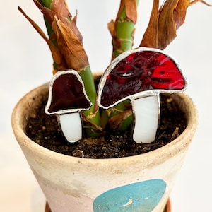 Red Stained Glass Mushrooms/Mushroom Plant Stake/Set of 2/Mushroom Plant Decoration/Garden Art/Garden, Flower Pot decoration/Glass Mushrooms