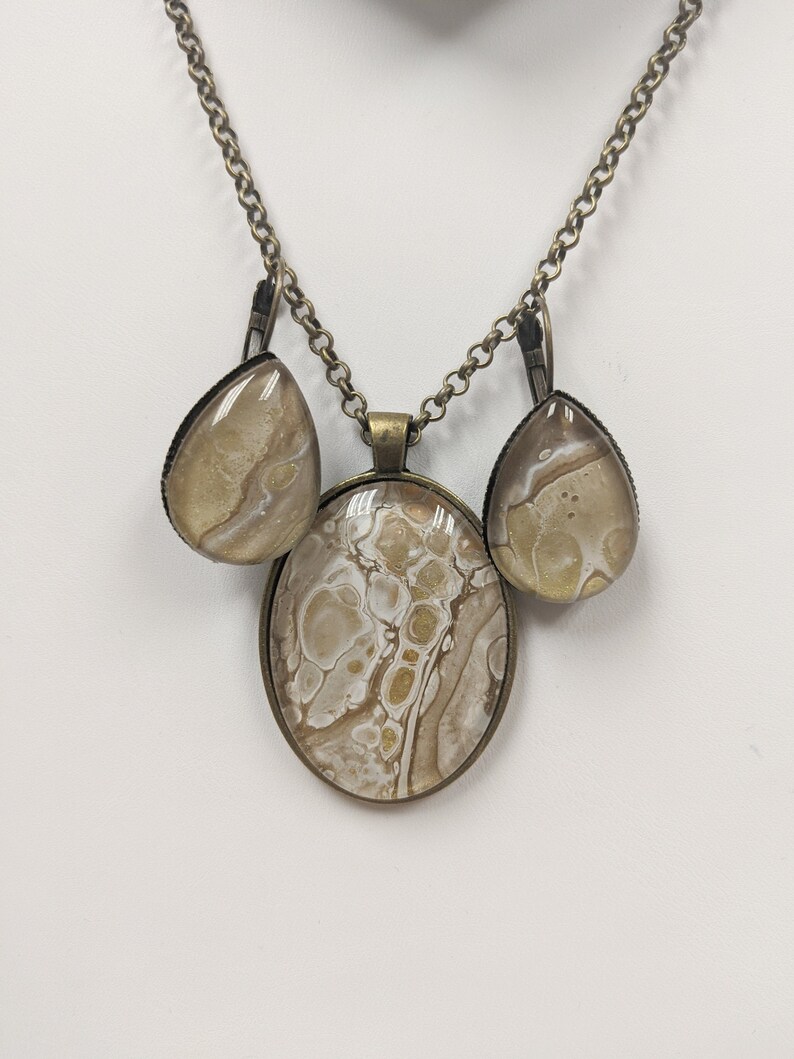 Teardrop Lever Back Earrings Oval Pendant Necklace Gold and White Hand Painted Jewelry Set Handcrafted Necklace Set Shimmery Jewelry