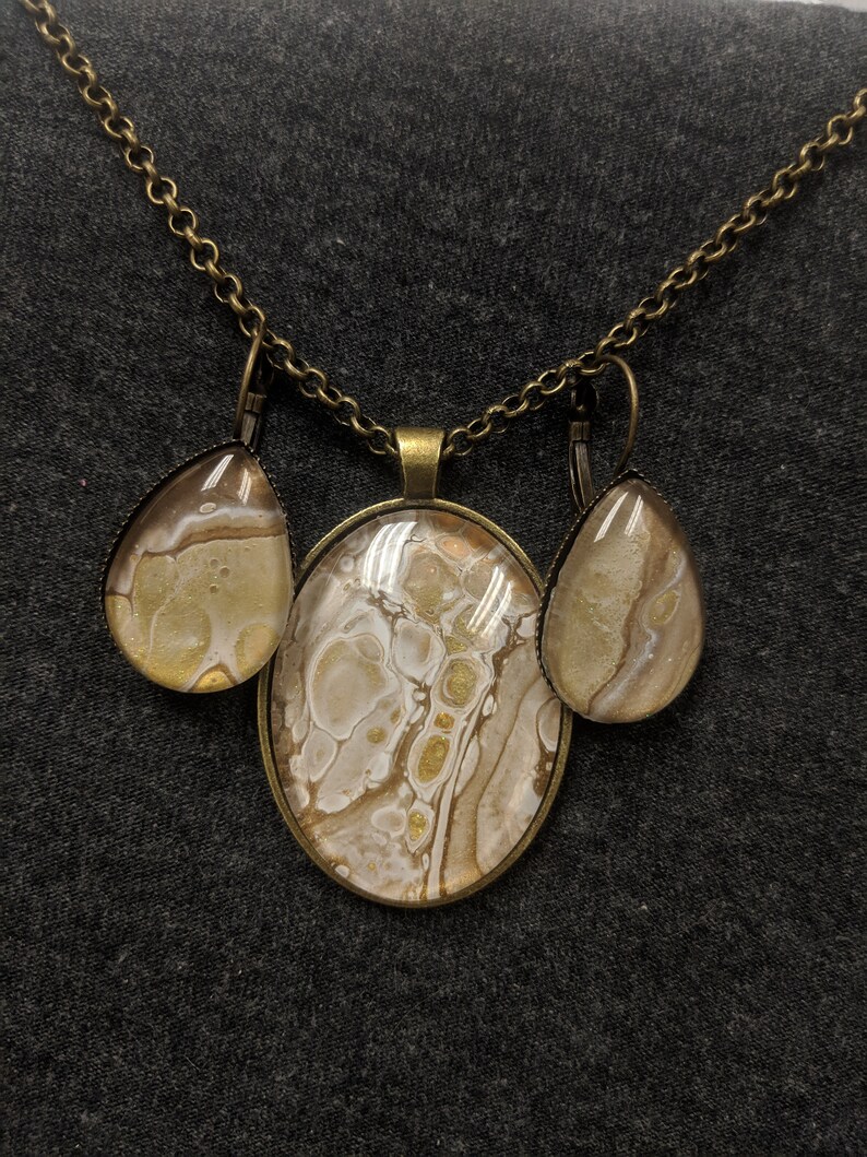 Teardrop Lever Back Earrings Oval Pendant Necklace Gold and White Hand Painted Jewelry Set Handcrafted Necklace Set Shimmery Jewelry
