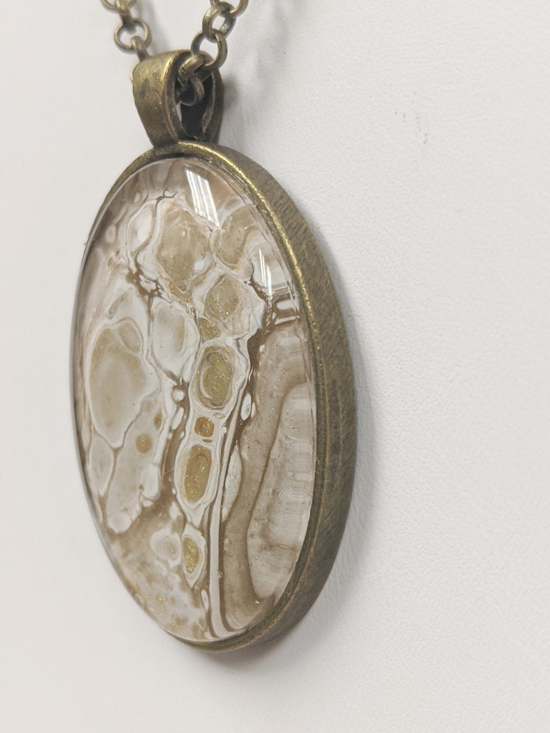 Teardrop Lever Back Earrings Oval Pendant Necklace Gold and White Hand Painted Jewelry Set Handcrafted Necklace Set Shimmery Jewelry