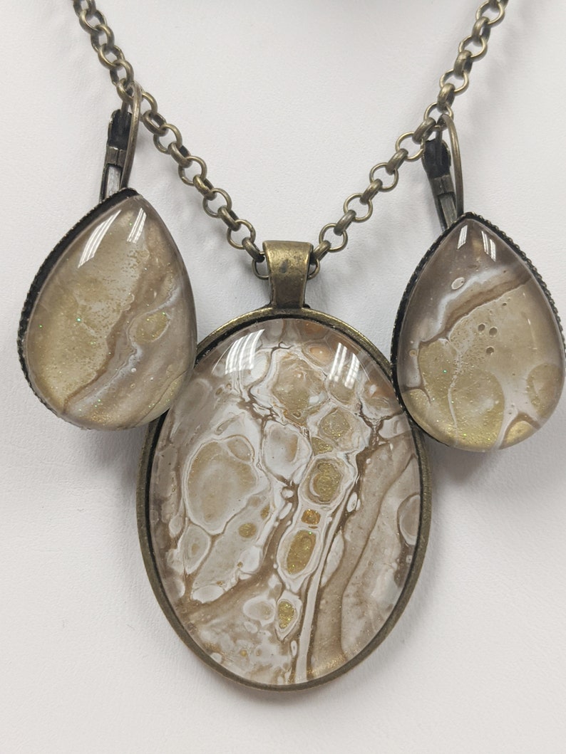 Teardrop Lever Back Earrings Oval Pendant Necklace Gold and White Hand Painted Jewelry Set Handcrafted Necklace Set Shimmery Jewelry