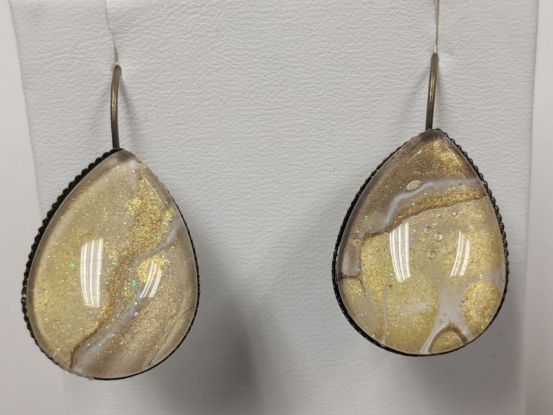 Teardrop Lever Back Earrings Oval Pendant Necklace Gold and White Hand Painted Jewelry Set Handcrafted Necklace Set Shimmery Jewelry