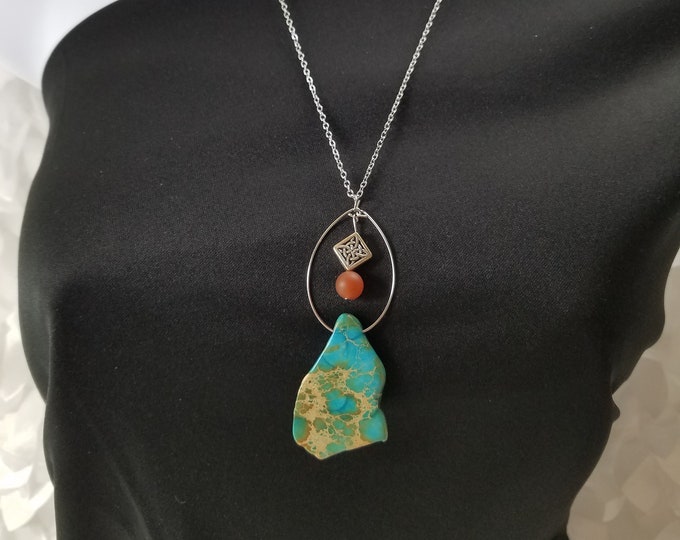 Multi-Colored Aqua and Burnt Orange Pendant Necklace