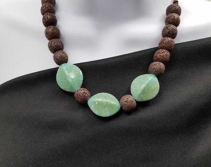 Aqua beads and Brown Lava Bead Necklace