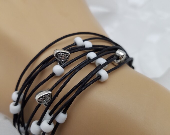 Multi-strand Black, White, and Silver Heart Bracelet