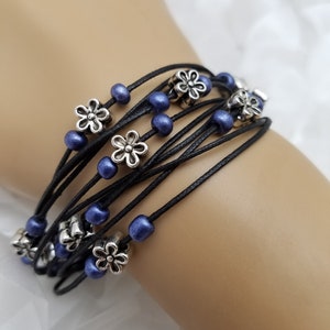Multi-strand Black, Purple, and Silver Flower Bracelet