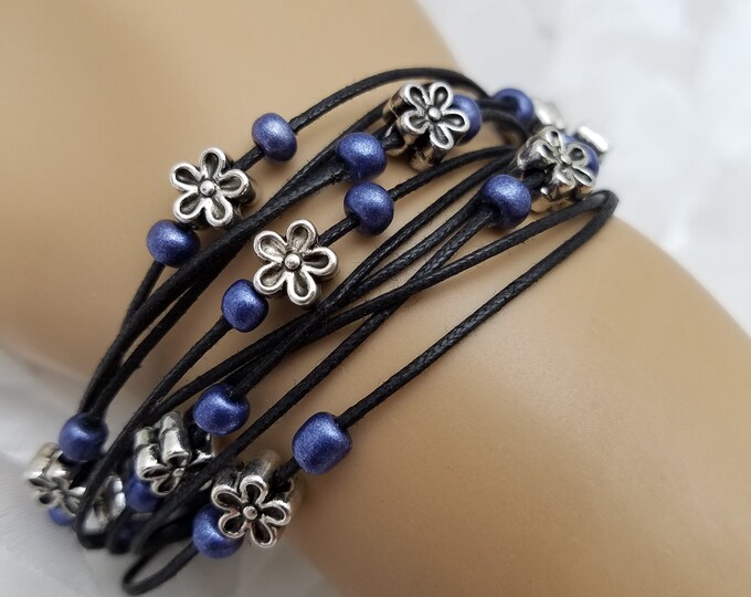 Multi-strand Black, Purple, and Silver Flower Bracelet