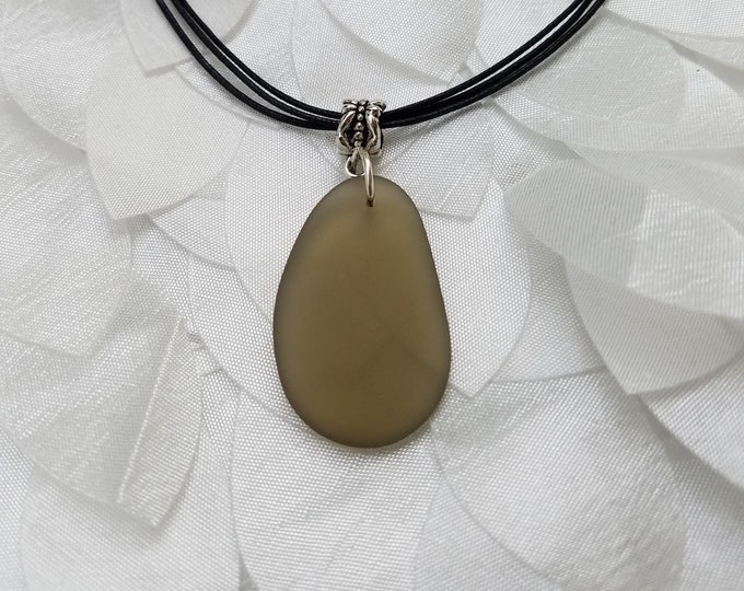 Transparent Black Diamond Frosted Sea Glass Pendant Necklace