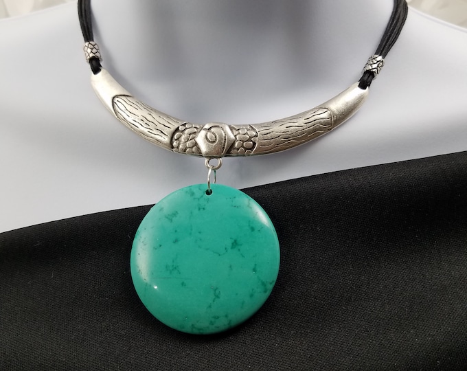 Round Turquoise with Antique Silver Plated Collar Pendant