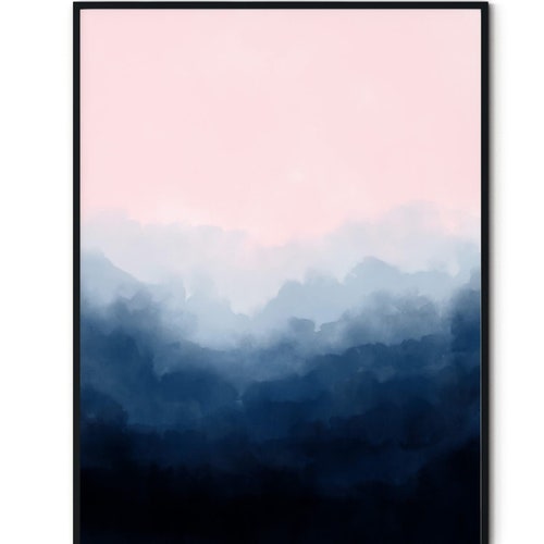 Pink & Navy Wall Art Original Print Blush Blue Midcentury Etsy