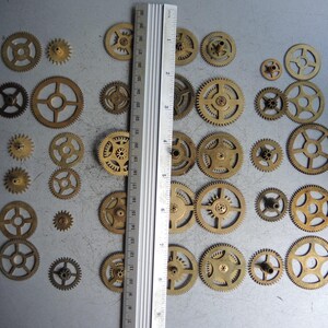 May include: A collection of small, brass-colored gears of various sizes, arranged on a gray surface. A metal ruler is placed vertically among the gears. The gears range from approximately 0.25 inches to 1.5 inches in diameter. The gears have different spoke designs.