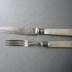 ONE!!! set of Antique Mother of Pearl handled small fruit Knife and fork / Made in ENGLAND / Sterling silver hallmarked 0.925 cutleries