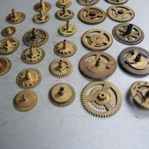 Pu&ograve; includere: Una collezione di vari ingranaggi per orologi in ottone, che mostrano diverse dimensioni e design. Gli ingranaggi hanno una patina calda e invecchiata, che suggerisce origini vintage o antiche. L'assortimento comprende ingranaggi con diversi numeri di denti e perni centrali.