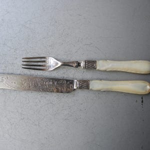 ONE!!! set of Antique Mother of Pearl handled small fruit Knife and fork / Made in ENGLAND / Sterling silver hallmarked 0.925 cutleries /
