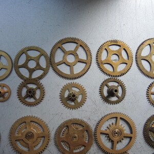 May include: An assortment of small, brass-colored gears of varying sizes. The gears have a circular shape with toothed edges and internal spoke designs. Some gears have a central hole, while others have a protruding hub.