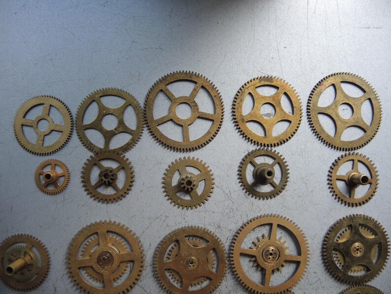 May include: An assortment of small, brass-colored gears of varying sizes. The gears have a circular shape with toothed edges and internal spoke designs. Some gears have a central hole, while others have a protruding hub.