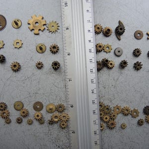 May include: A selection of small, brass-coloured gears in diverse shapes and sizes, including circular, star-shaped, and square-holed designs. A ruler with centimetre markings is placed next to the gears. The gears are scattered on a grey surface.