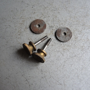 Könnte beinhalten: Zwei Messing-Rändelschrauben mit Gewindeschaft und gerändelten Köpfen sowie zwei rostige Metallscheiben. Die Hardware befindet sich auf einer strukturierten, grauen Oberfläche, was auf ein Vintage- oder Industriethema hindeutet.