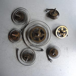 May include: A collection of six metallic clockwork components, including five circular mainsprings with central brass gears and one standalone brass gear assembly, all featuring intricate metal coils and mechanical teeth.