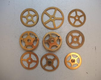 Job Lot Set of 9 vintage Clock movement large brass gears / metal parts cogs / robot mix industrial steampunk Art / watch repair restore G7