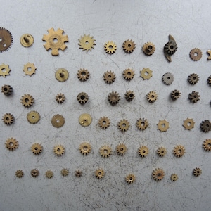 May include: A selection of small brass gears, each with a unique design and size, arranged on a light grey surface. The gears display signs of age, with some showing intricate teeth patterns. Measurements vary, with the largest gear approximately 2.5 cm in diameter.