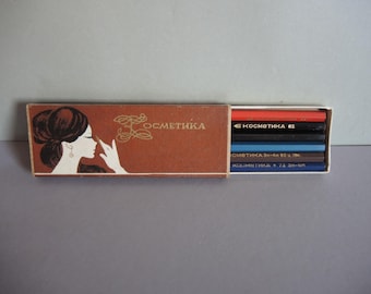 Set of 6 Vintage Soviet Era unused wooden Cosmetic pencils / factory stamped pencil / 1970s RUSSIA USSR pencils for Woman / collectible