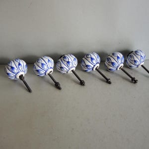 Set of 6 Vintage Decorative PORCELAIN Ceramic Drawer Pull Handles / Knob Drop / white in blue furniture décor / industrial art / interior