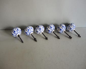Set of 6 Vintage Decorative PORCELAIN Ceramic Drawer Pull Handles / Knob Drop / white in blue furniture décor / industrial art / interior