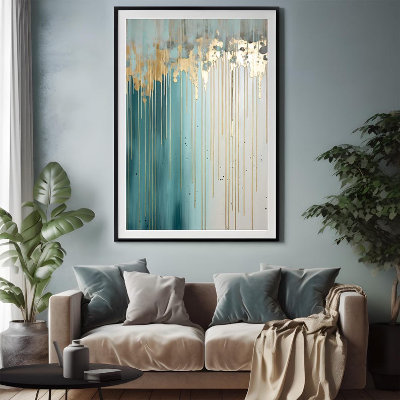 Teal & Gold Abstract Painting: Modern Minimalist Art Print - Etsy