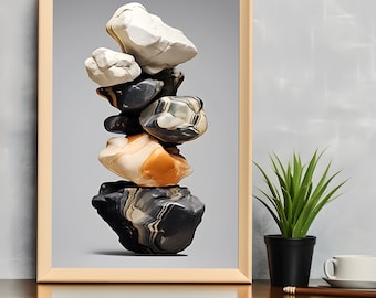 May include: A framed print of a stack of five colorful, patterned rocks on a gray background. The rocks are stacked in a precarious balance, with the largest rock at the bottom and the smallest rock at the top.