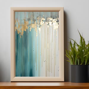 Cuadro de un póster abstracto en verde azulado, beige y dorado, moderno, rústico, vintage, decoración de sala de estar y de hotel, minimalista moderno, decoración del hogar
