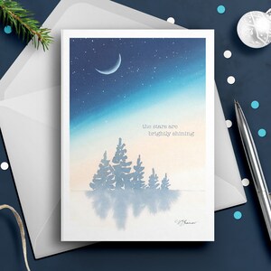 Carte de Noël aquarelle, carte de vœux paysage d'hiver, oeuvre d'art ciel étoilé céleste, lot de 1, 4, 12, 24