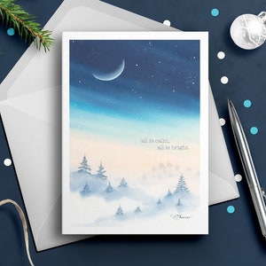 Carte de Noël aquarelle, carte de vœux paysage d'hiver, oeuvre d'art ciel étoilé céleste, lot de 1, 4, 12, 24