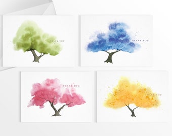 Watercolor Tree Greeting Card Set, Thank You Card Set, Customizable Cards, Pack of 4, 12, 24 cards