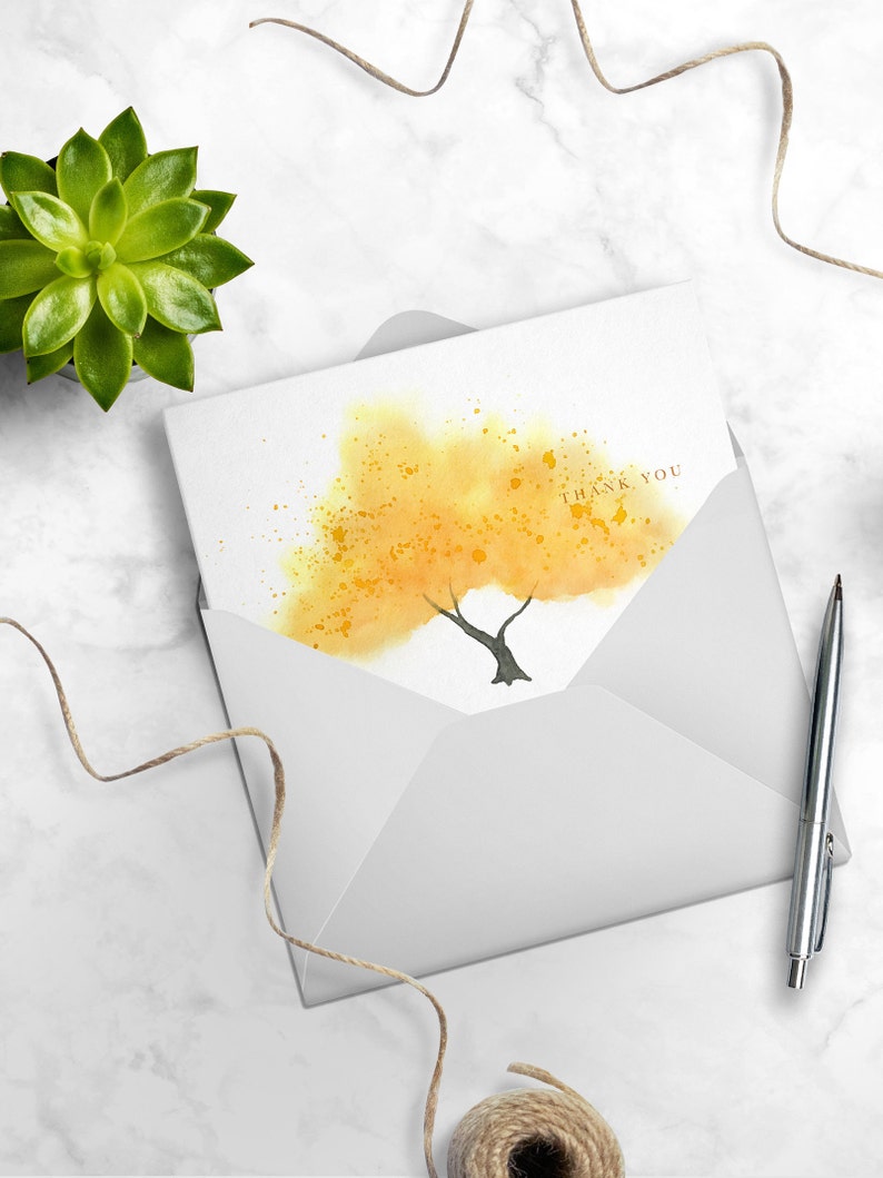 Watercolor Yellow Tree Thank You Card, Personalize Greeting Card Set, Pack of 1, 4, 12, 24 cards image 3