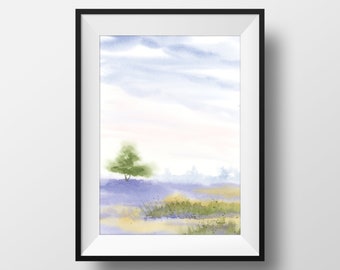 Watercolor Lavender Field Landscape Art Print, Unframed Vertical Art Print