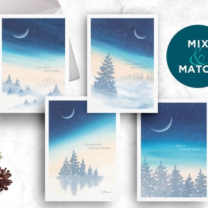 Watercolor Christmas Card Set, Celestial Moon Greeting card, Starry Night Sky Holiday Card, Pack of 1, 4, 12, 24